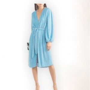 Retrofete Sky Blue Long Sleeve Wrap Midi Dress